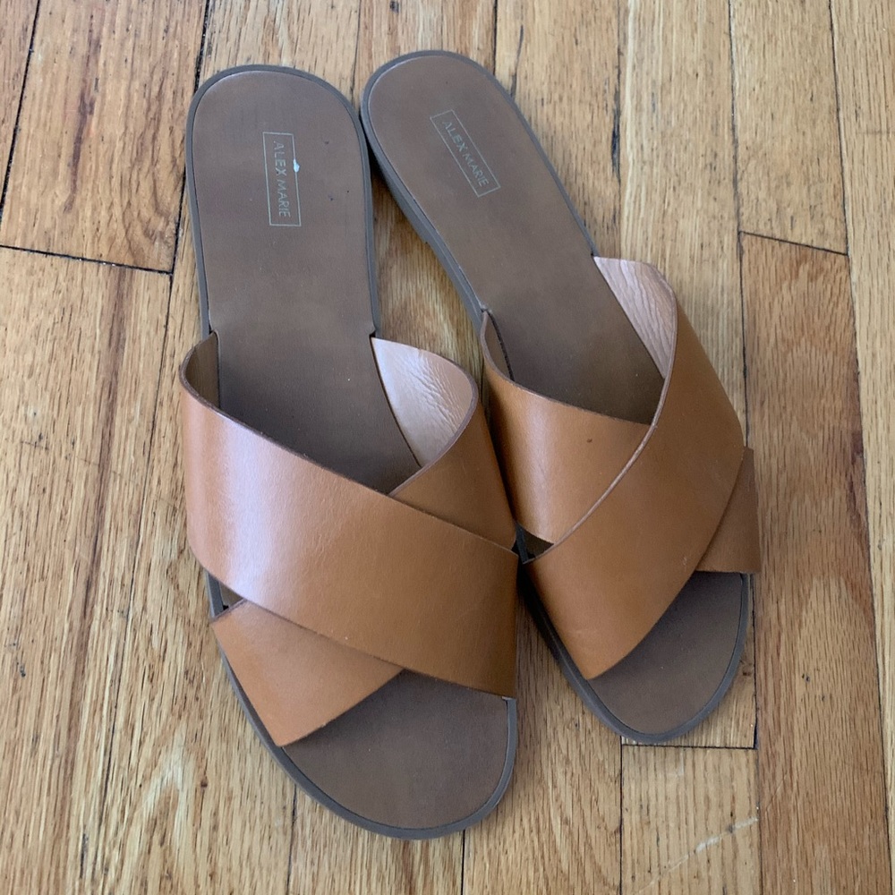 Size 9.5 slip on sandals, tan